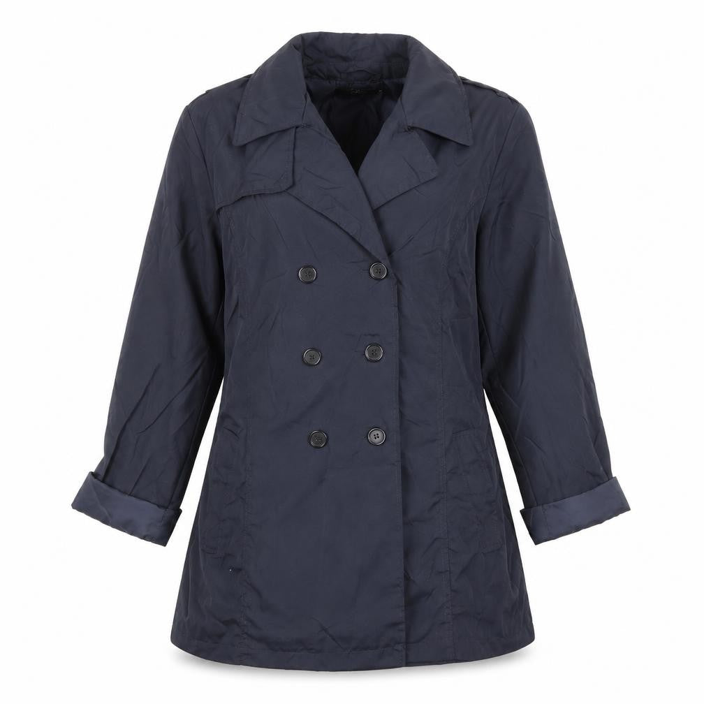 Front view of David Perry women’s blue trench coat jacket, size M, button