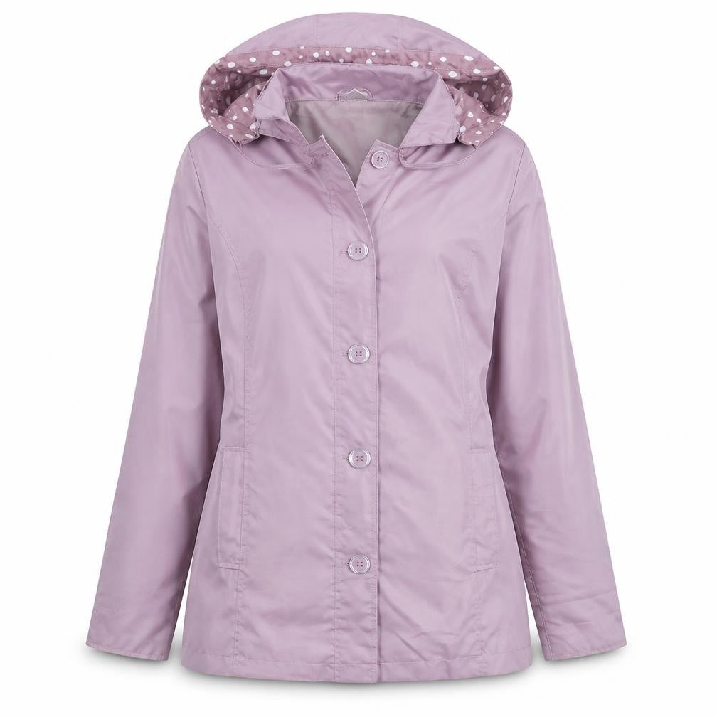 Front view of Anne De Lancay women’s purple rain coat jacket, size UK 14, button