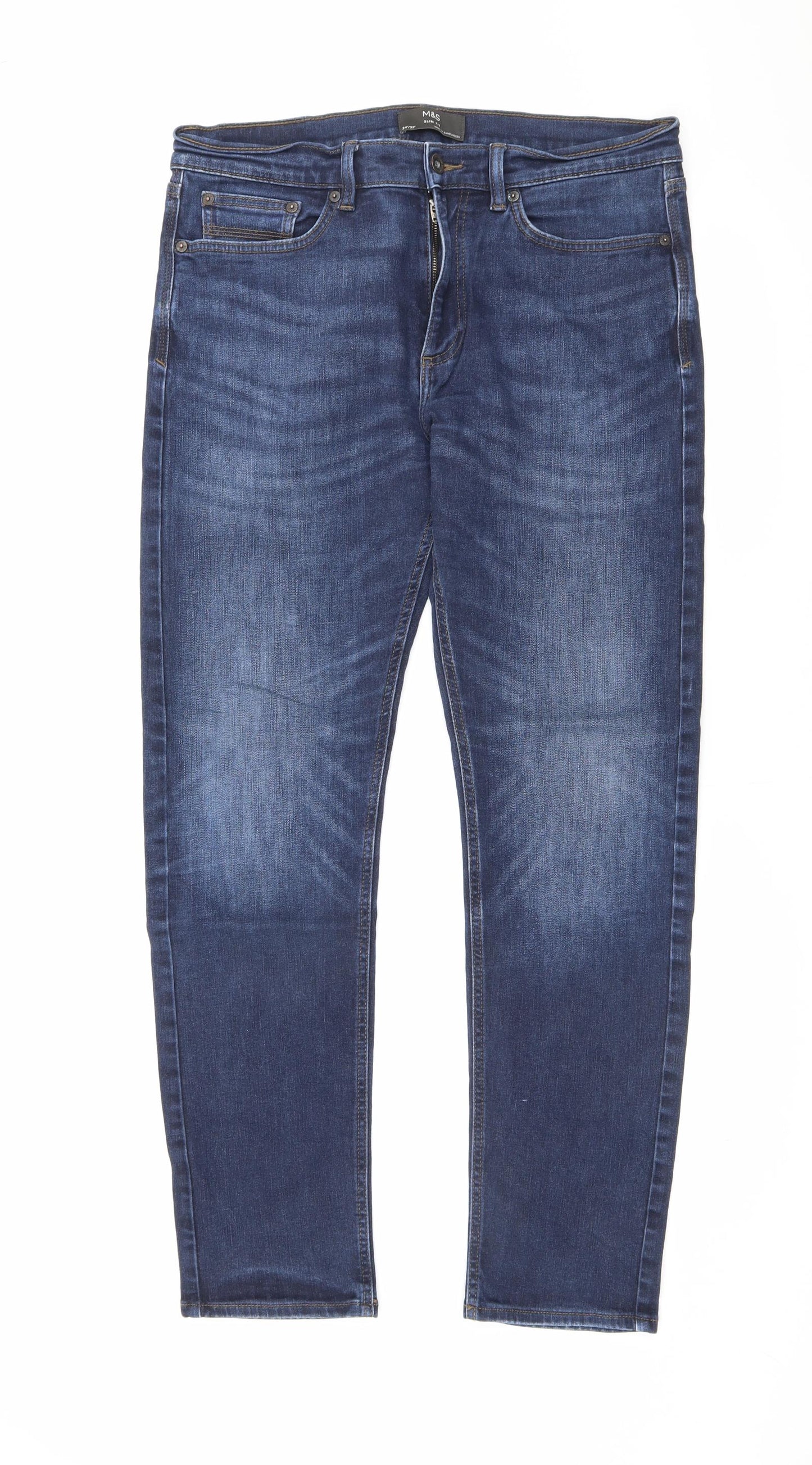 Marks and Spencer Mens Blue Cotton Straight Jeans Size 34 in L29 in Regular Zip