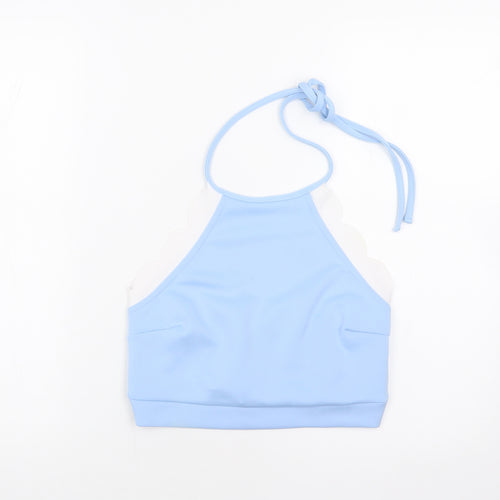 Boohoo Womens Blue Polyester Cropped T-Shirt Size 12 Halter - Scalloped hems