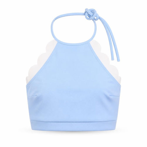 Boohoo Womens Blue Polyester Cropped T-Shirt Size 12 Halter - Scalloped hems