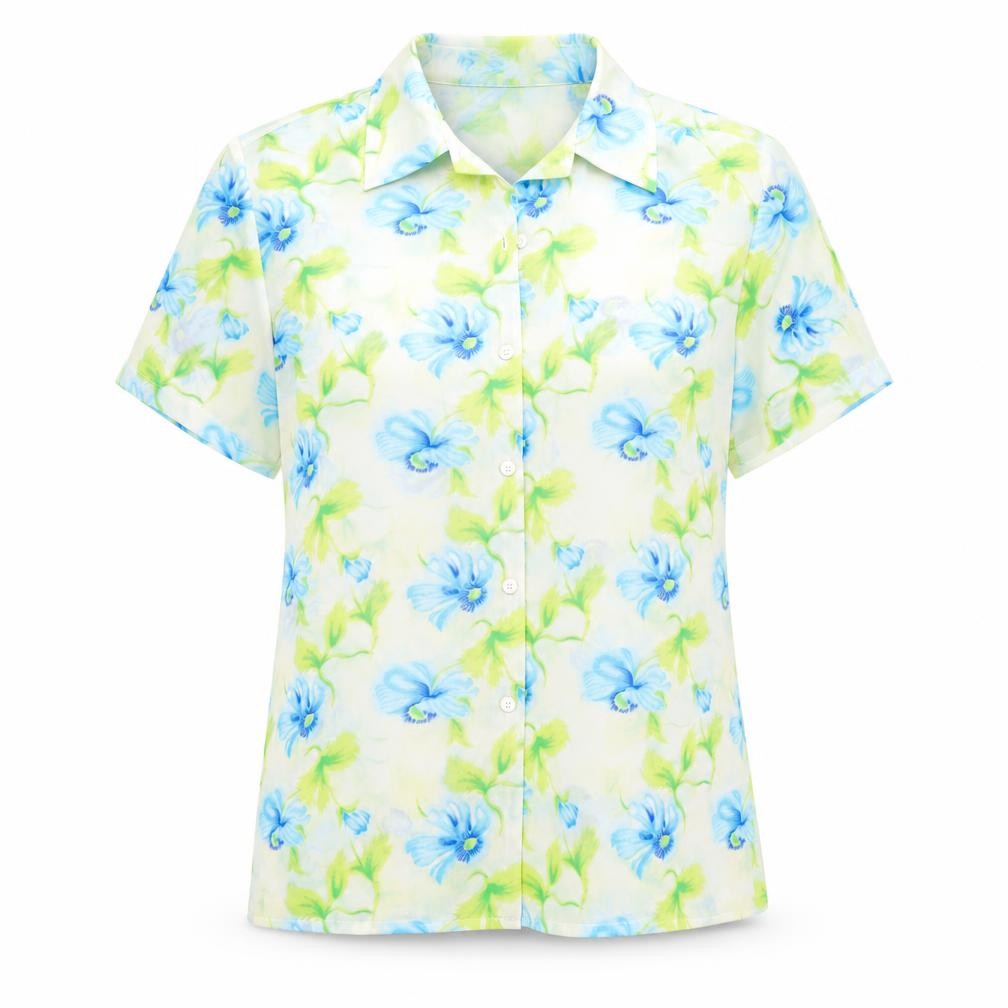 Front view of Soon women’s multicoloured floral polyester basic button-up, size UK 12, collared