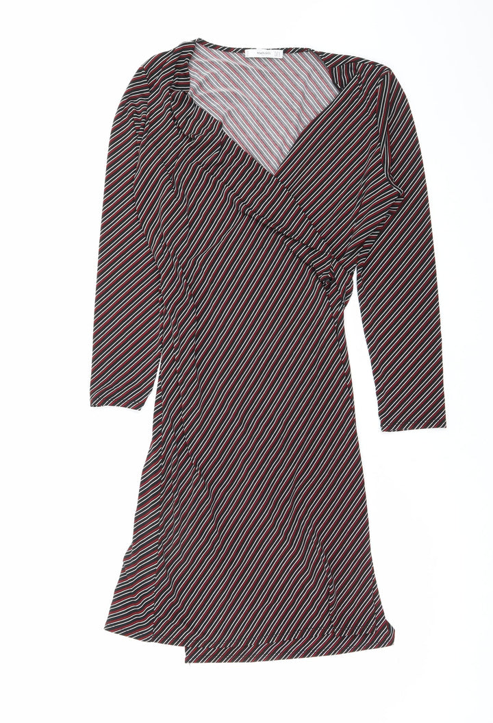 Mango Womens Black Striped Polyester Wrap Dress Size M V-Neck Tie