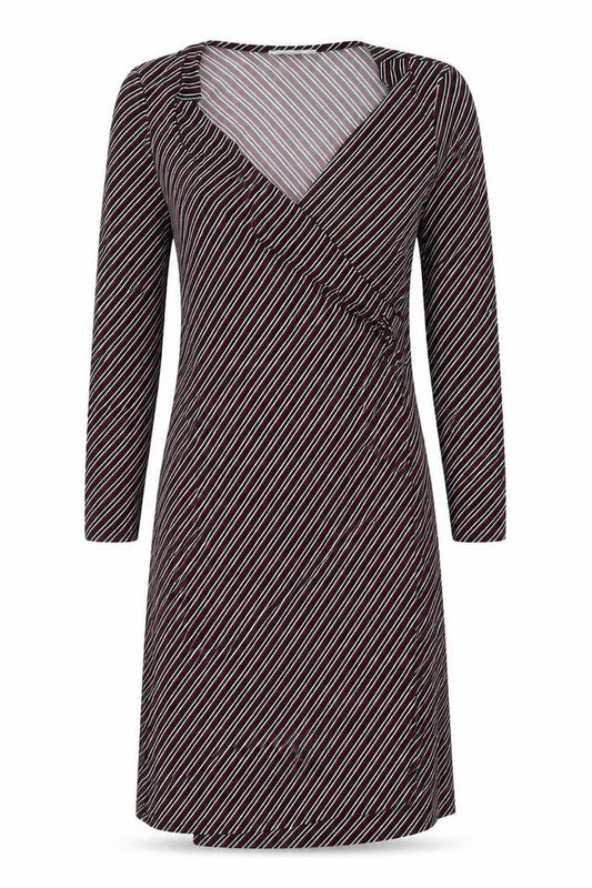 Front view of Mango women’s black striped polyester wrap dress, size M, v-neck tie