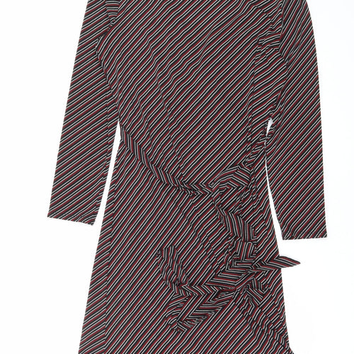 Mango Womens Black Striped Polyester Wrap Dress Size M V-Neck Tie