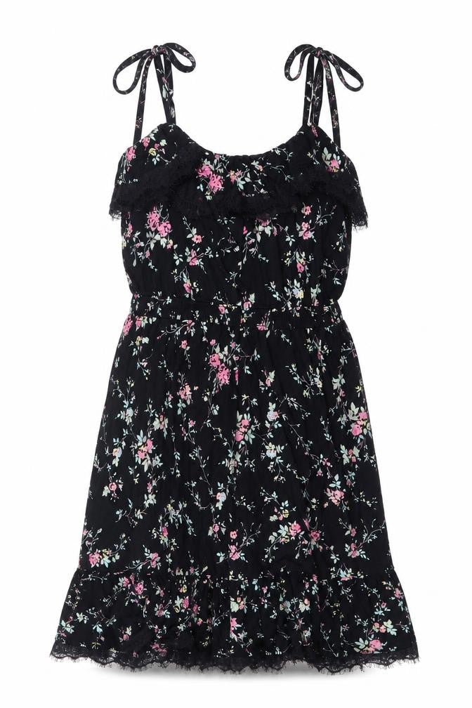 Front view of Oasis women’s black floral viscose mini, size M, v-neck pullover