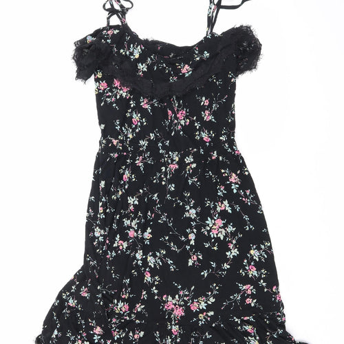 Oasis Womens Black Floral Viscose Mini Size M V-Neck Pullover