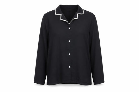 Front view of Mango women’s black polyester basic button-up, size S, collared