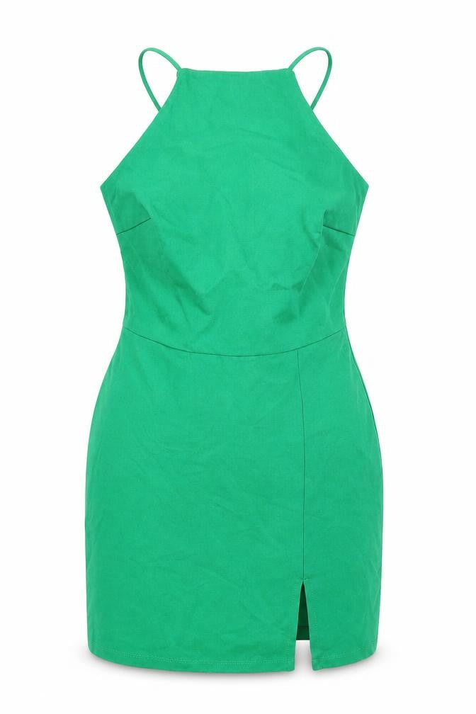 Front view of Stradivarius women’s green viscose mini, size M, halter pullover