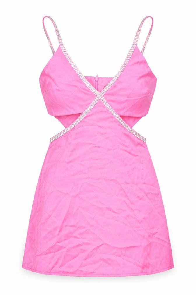 Front view of Stradivarius women’s pink polyester mini, size M, v-neck zip - sparkle