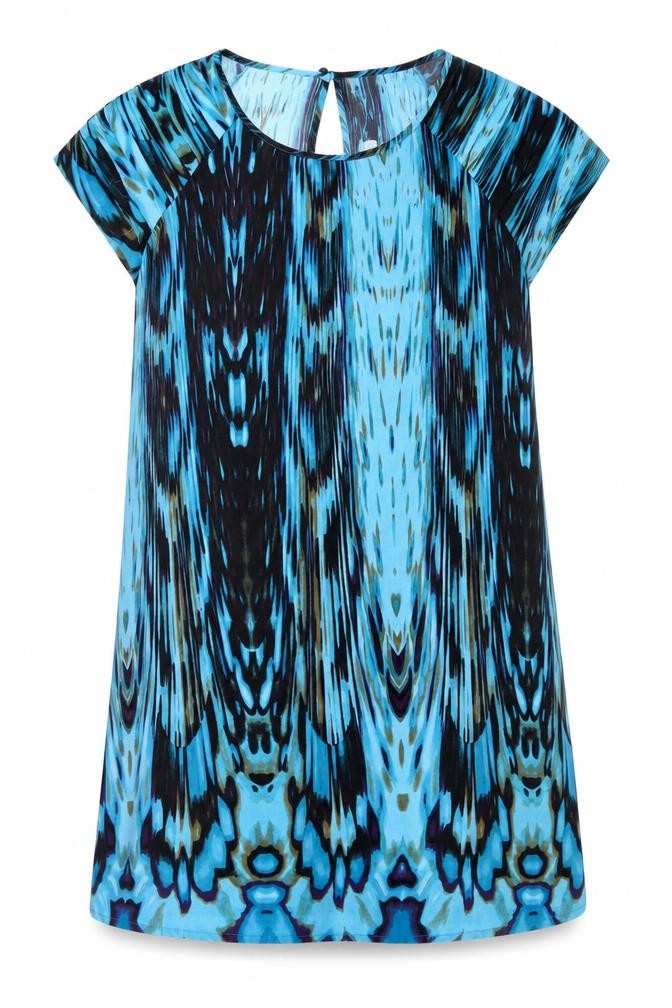 Front view of Next women’s blue geometric polyester a-line, size UK 12, round neck button