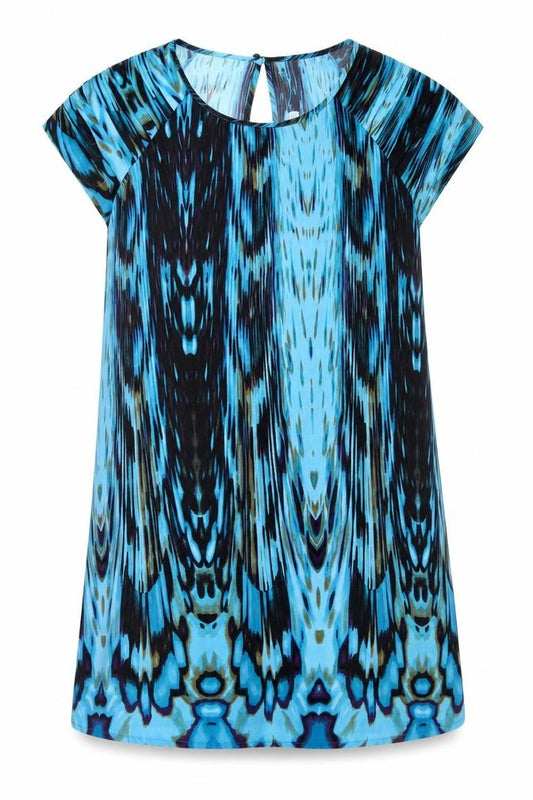 Front view of Next women’s blue geometric polyester a-line, size UK 12, round neck button