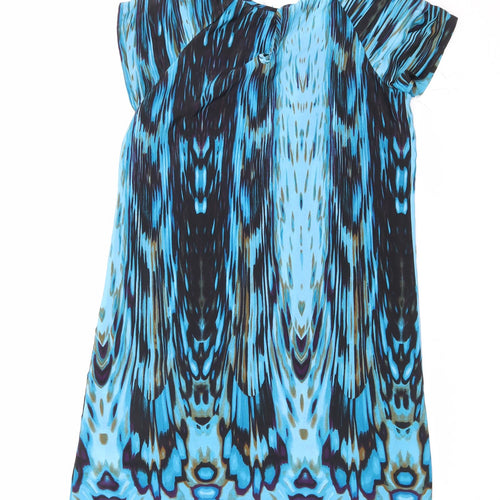 NEXT Womens Blue Geometric Polyester A-Line Size 12 Round Neck Button