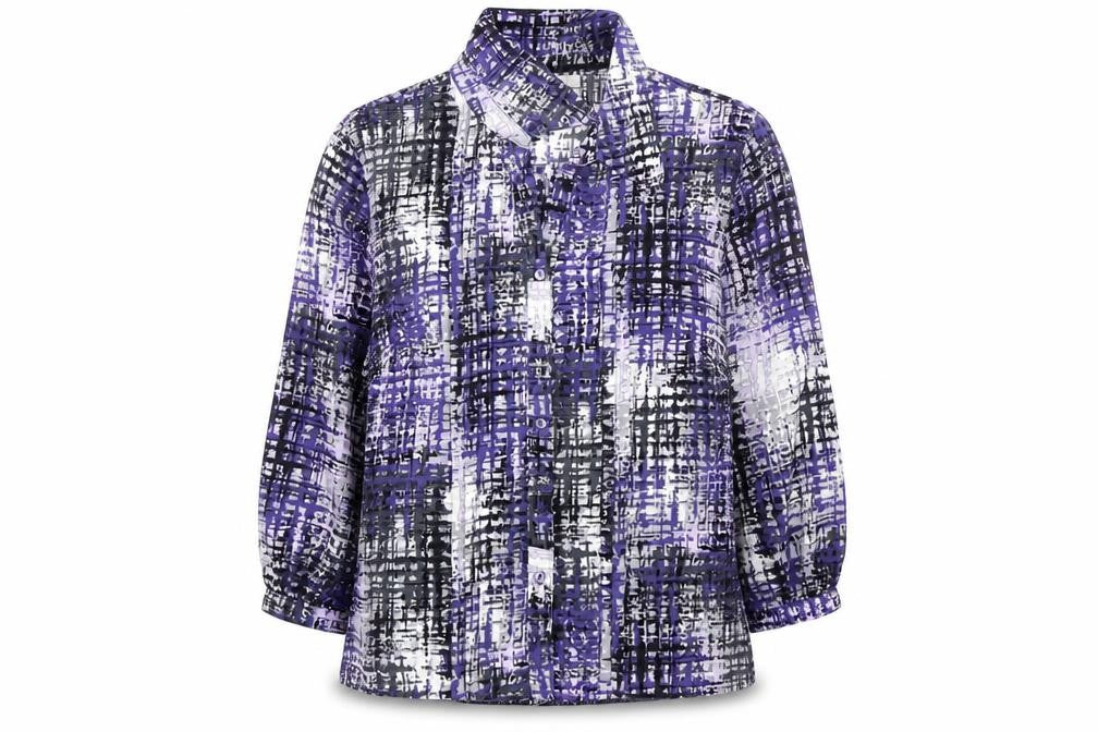 Front view of Country Casuals women’s purple geometric polyester basic button-up, size UK 10, collared
