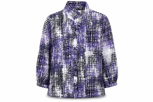 Front view of Country Casuals women’s purple geometric polyester basic button-up, size UK 10, collared