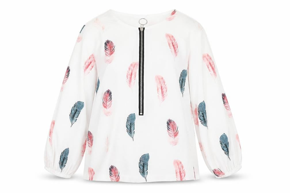 Front view of Chicme women’s ivory geometric polyester basic blouse, size S, round neck - feathers
