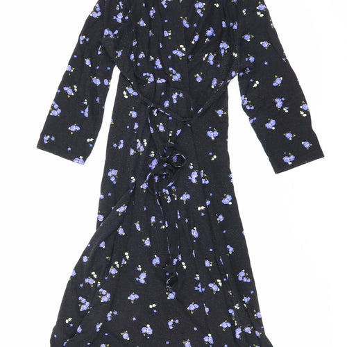 Dorothy Perkins Womens Black Floral Viscose A-Line Size 10 V-Neck Tie