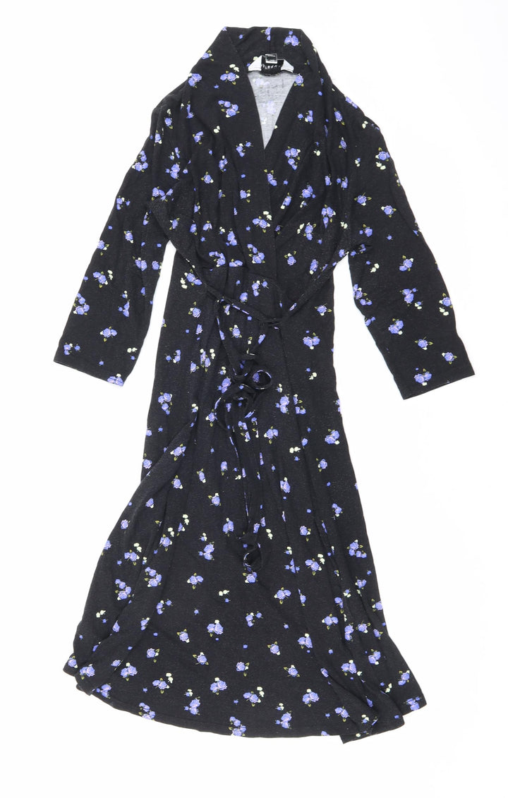 Dorothy Perkins Womens Black Floral Viscose A-Line Size 10 V-Neck Tie