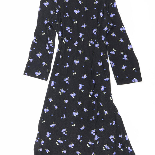 Dorothy Perkins Womens Black Floral Viscose A-Line Size 10 V-Neck Tie