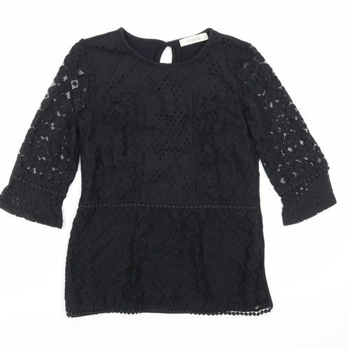 Oasis Womens Black Floral Polyamide Basic Blouse Size XS Round Neck