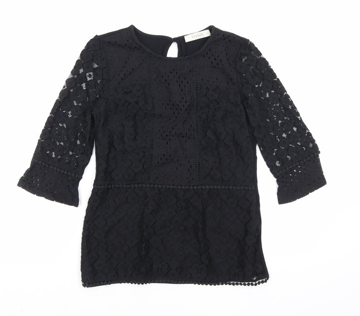 Oasis Womens Black Floral Polyamide Basic Blouse Size XS Round Neck