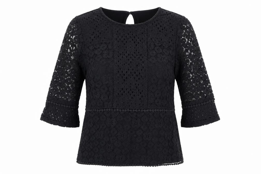 Front view of Oasis women’s black floral polyamide basic blouse, size XS, round neck