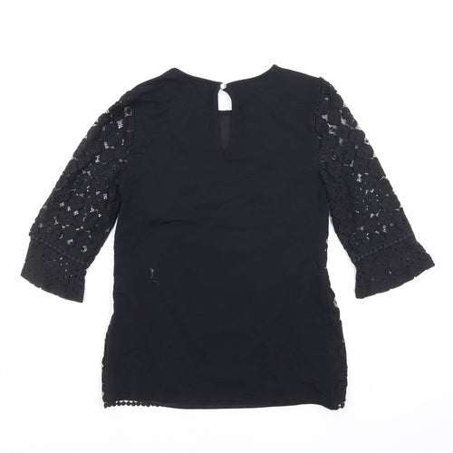Oasis Womens Black Floral Polyamide Basic Blouse Size XS Round Neck
