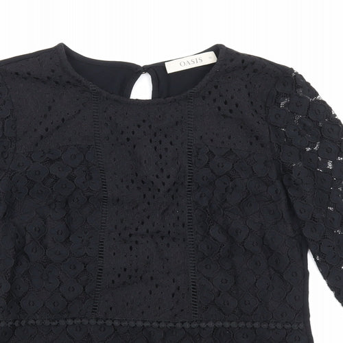 Oasis Womens Black Floral Polyamide Basic Blouse Size XS Round Neck