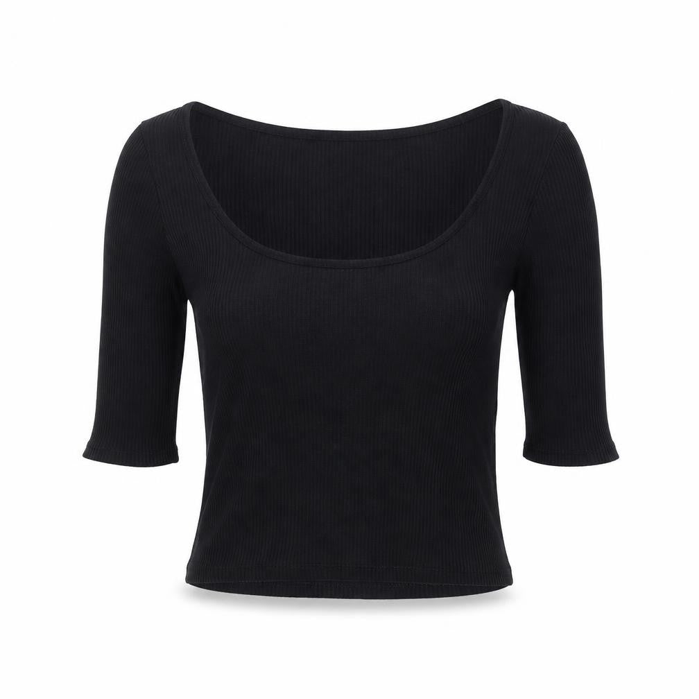Front view of H&M women’s black viscose basic blouse, size S, scoop neck