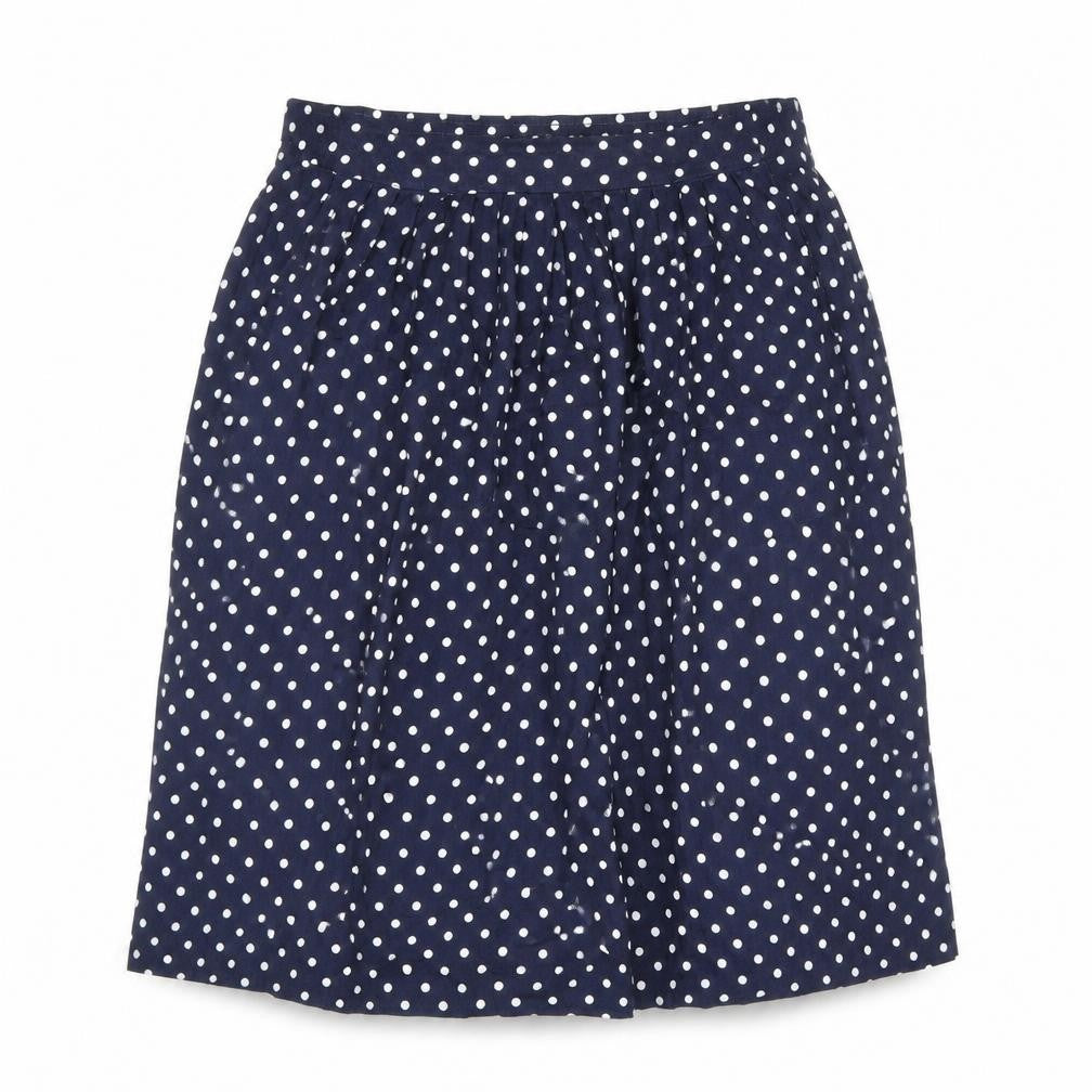 Front view of Lee Winter women’s blue polka dot polyester a-line skirt, size UK 14, zip