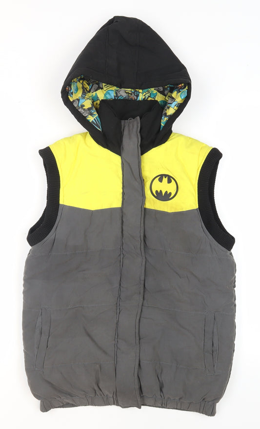 Front view of DC Comics boys’ batman hooded puffer gilet in yellow & grey, size 13, years