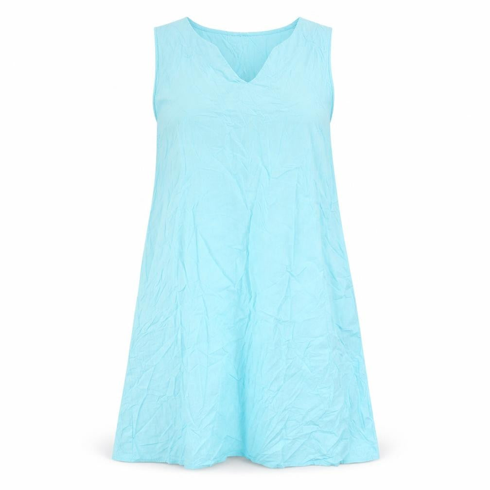 Front view of Tendency women’s blue polyester shift, size L, v-neck pullover