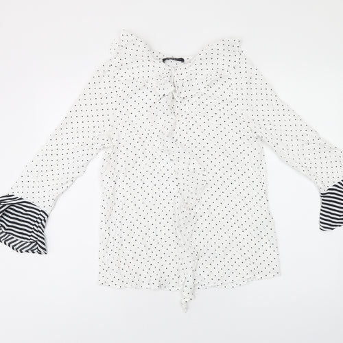 Marks and Spencer Womens White Polka Dot Viscose Basic T-Shirt Size 8 Round Neck