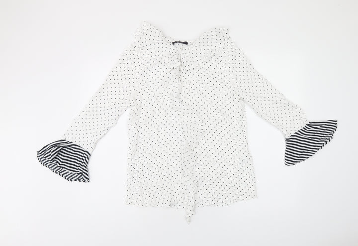 Marks and Spencer Womens White Polka Dot Viscose Basic T-Shirt Size 8 Round Neck