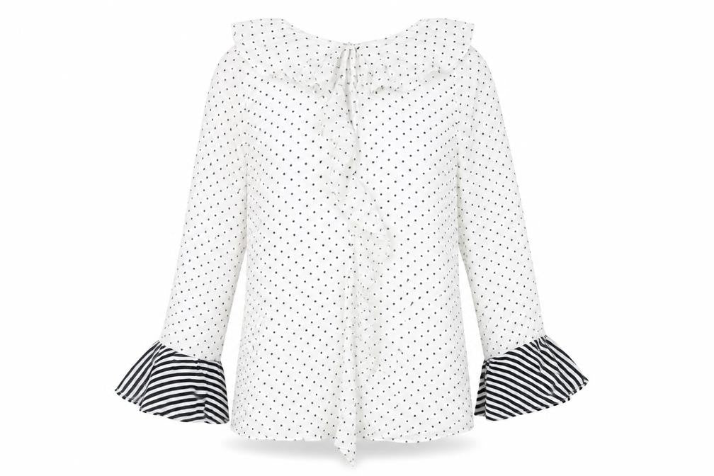Front view of Marks & Spencer women’s white polka dot viscose basic t-shirt, size UK 8, round neck