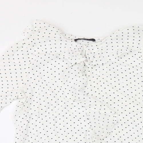 Marks and Spencer Womens White Polka Dot Viscose Basic T-Shirt Size 8 Round Neck