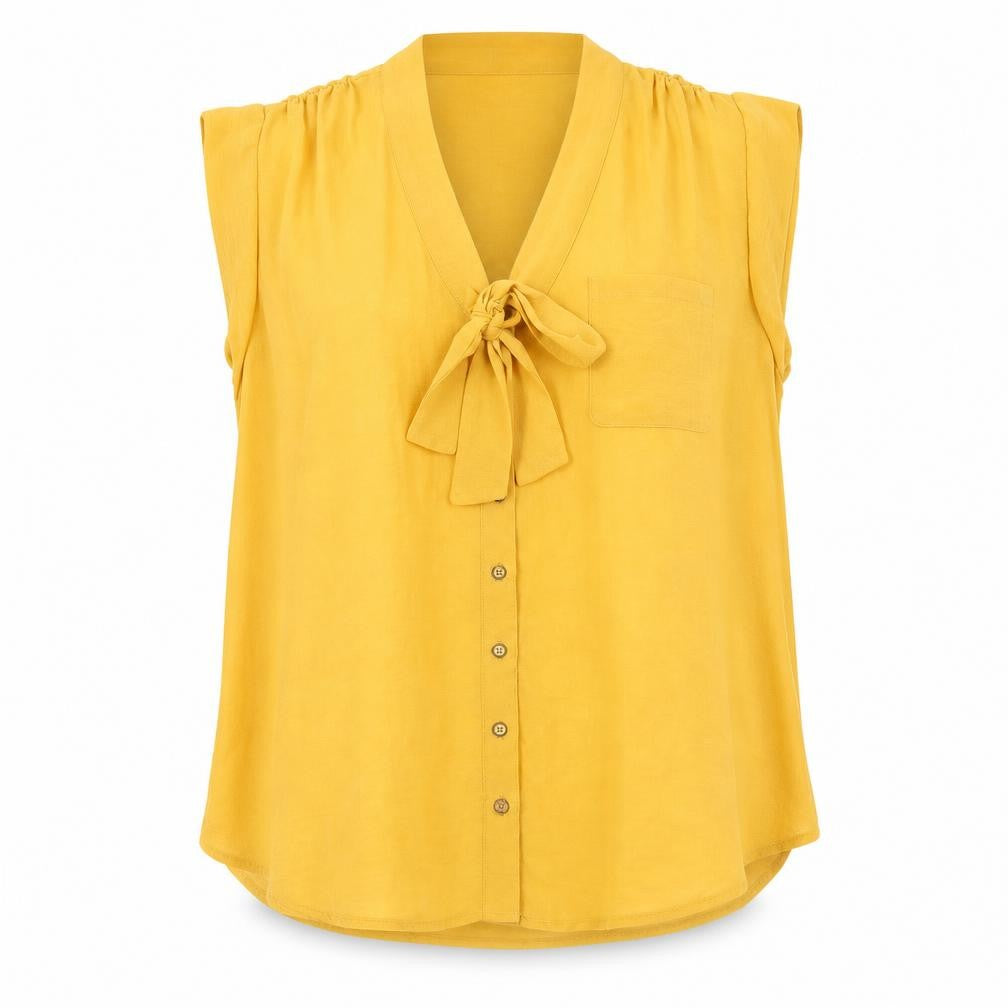 Front view of E-vie women’s yellow polyester basic blouse, size UK 14, v-neck