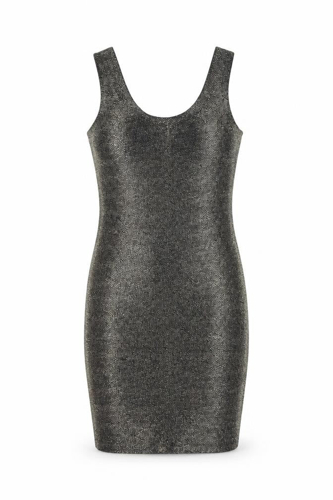 Front view of S&W women’s black cotton bodycon, size S, scoop neck pullover - sparkle effect