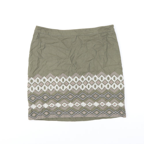 Monsoon Womens Green Geometric Cotton A-Line Skirt Size 14 Zip