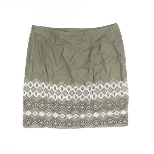 Monsoon Womens Green Geometric Cotton A-Line Skirt Size 14 Zip