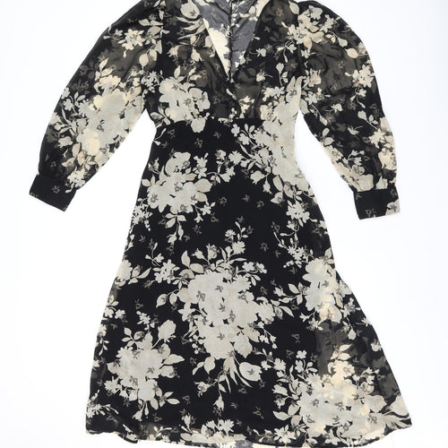 Zara Womens Black Floral Polyester A-Line Size XS V-Neck Zip
