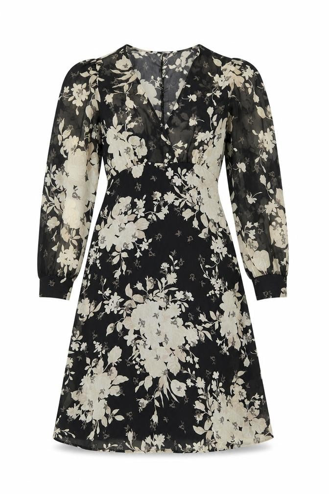 Front view of Zara women’s black floral polyester a-line, size XS, v-neck zip