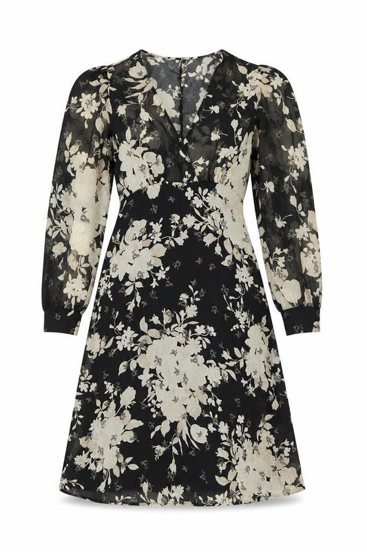 Front view of Zara women’s black floral polyester a-line, size XS, v-neck zip