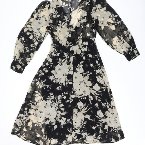 Zara Womens Black Floral Polyester A-Line Size XS V-Neck Zip