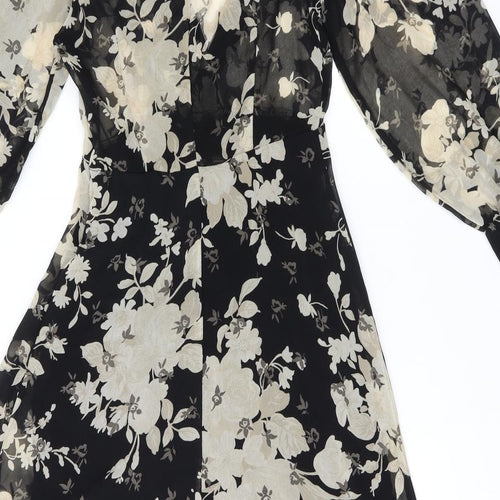 Zara Womens Black Floral Polyester A-Line Size XS V-Neck Zip