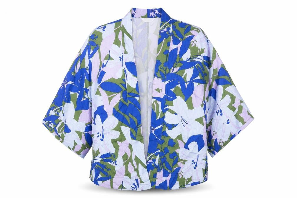 Front view of WULI : LUU women’s blue floral jacket, size XS