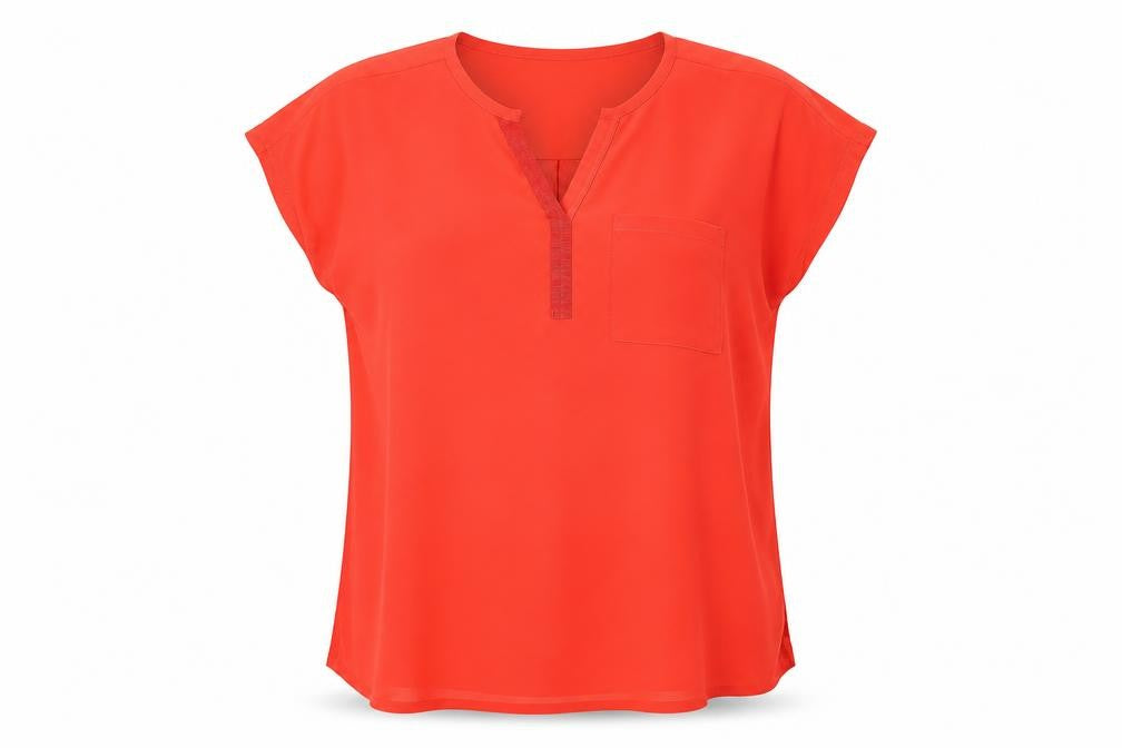Front view of Fransa women’s red polyester basic t-shirt, size L, v-neck