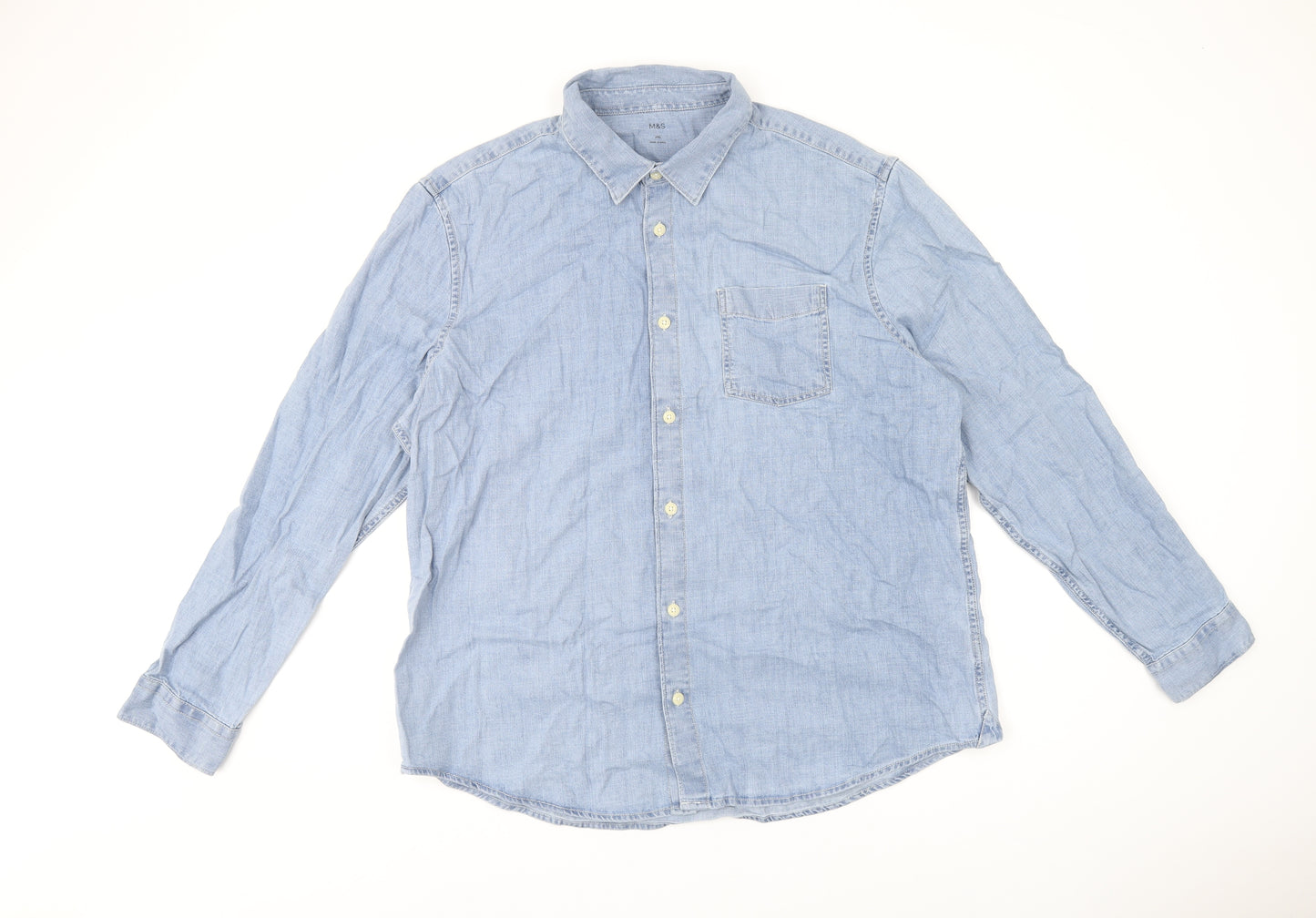Marks and Spencer Mens Blue Cotton Button-Up Size 2XL Collared Button