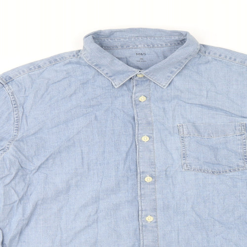 Marks and Spencer Mens Blue Cotton Button-Up Size 2XL Collared Button