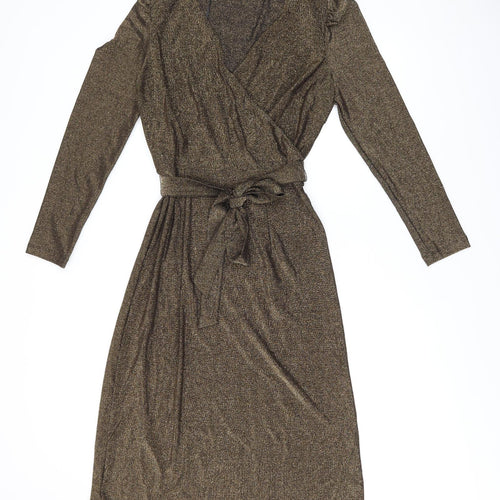 Marks and Spencer Womens Gold Polyamide A-Line Size 10 V-Neck Pullover - Belted